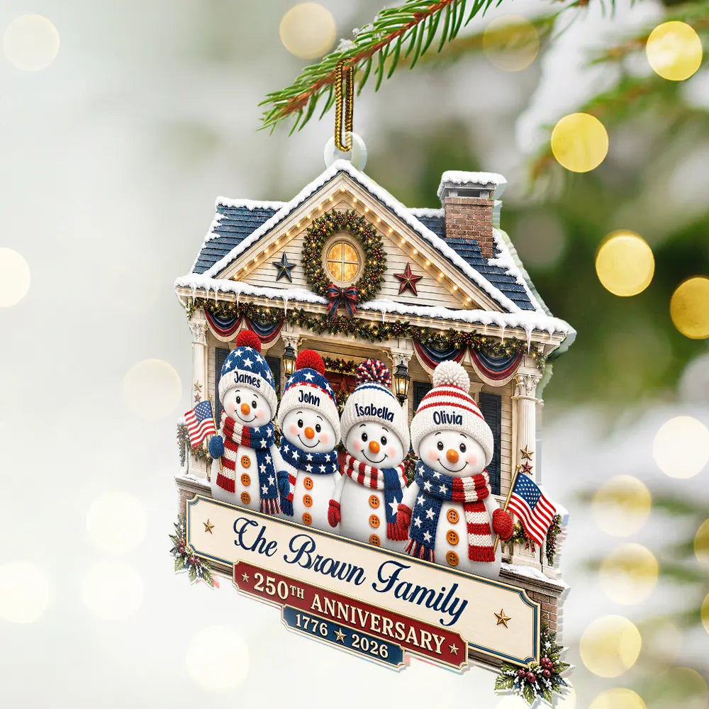 Independence Day,America 250th,Christmas,Proud,Family,Icon - Snowman Family Home 250th Anniversary - Personalized Custom Shaped Acrylic Ornament