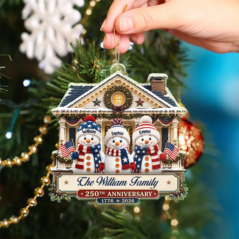 Independence Day,America 250th,Christmas,Proud,Family,Icon - Snowman Family Home 250th Anniversary - Personalized Custom Shaped Acrylic Ornament