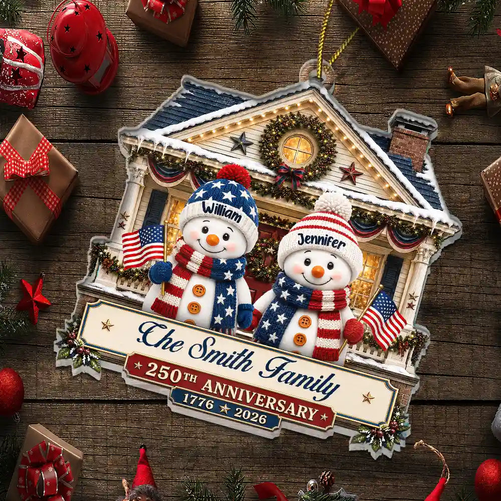 Independence Day,America 250th,Christmas,Proud,Family,Icon - Snowman Family Home 250th Anniversary - Personalized Custom Shaped Acrylic Ornament