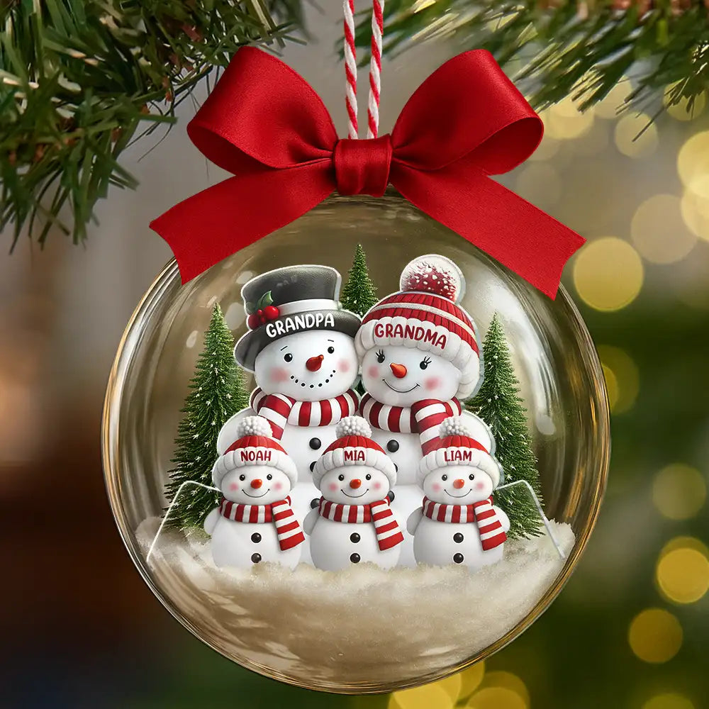 Snowman Family Grandma Grandpa Kids - Personalized 3D Acrylic Ball Ornament
