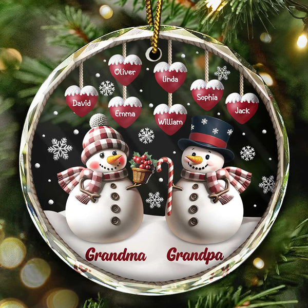 Happy,Gift For Grandma,Gift For Grandpa,Gift For Grandparents,Christmas - Snowman Grandma Grandpa Grandkids - Personalized Circle Glass Ornament