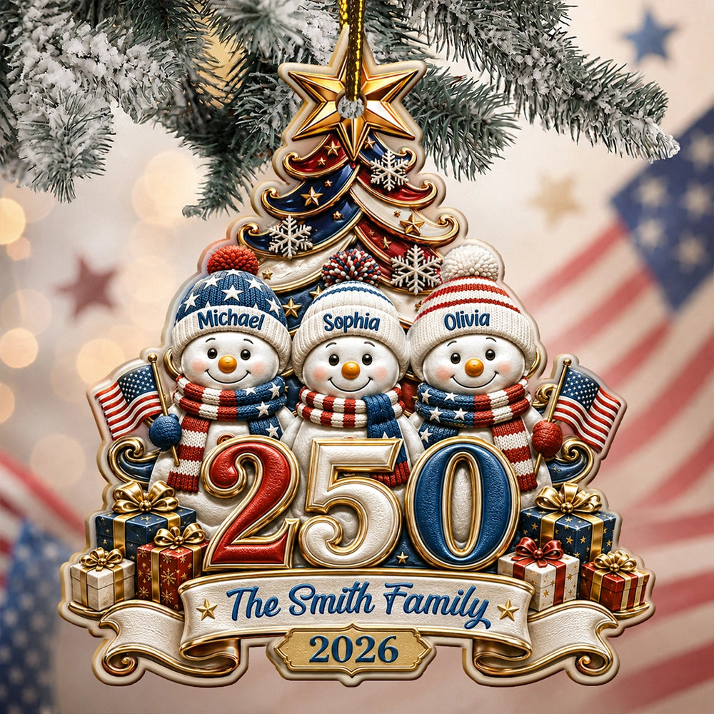 Independence Day,America 250th,Christmas,Proud,Family,Icon - Snowman US Family 250 Years Of Freedom Anniversary - Personalized Embossed Ornament