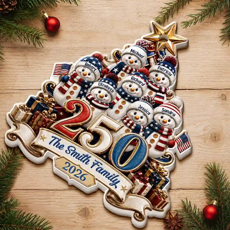 Independence Day,America 250th,Christmas,Proud,Family,Icon - Snowman US Family 250 Years Of Freedom Anniversary - Personalized Embossed Ornament