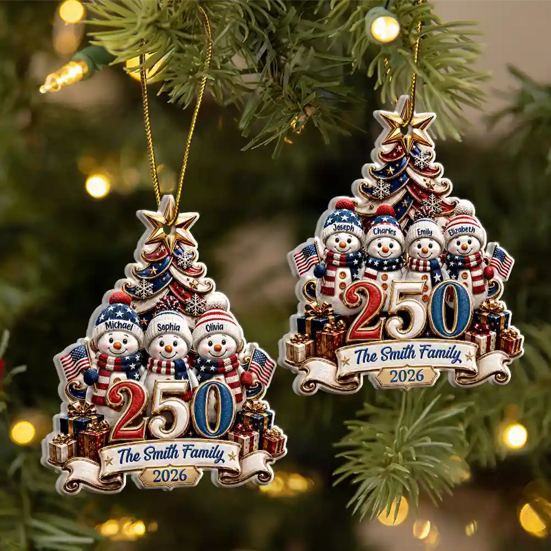 Independence Day,America 250th,Christmas,Proud,Family,Icon - Snowman US Family 250 Years Of Freedom Anniversary - Personalized Embossed Ornament