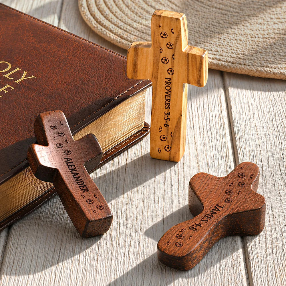 Gift For Father, Football (Soccer), Devoted, Custom Text - Soccer Keepsake With Name - Personalized Wooden Pocket Prayer Cross