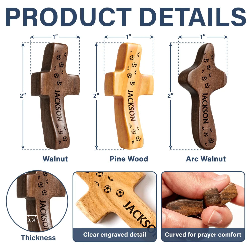 Gift For Father, Football (Soccer), Devoted, Custom Text - Soccer Keepsake With Name - Personalized Wooden Pocket Prayer Cross