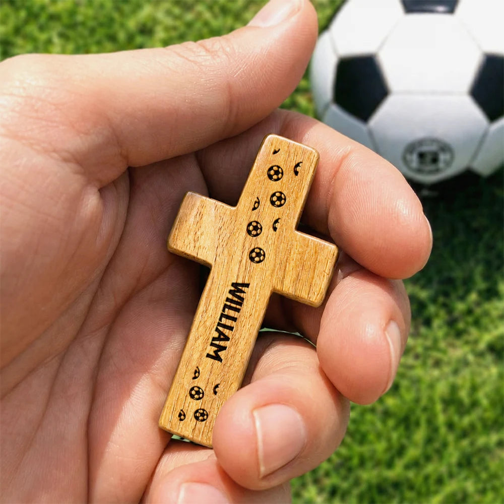 Gift For Father, Football (Soccer), Devoted, Custom Text - Soccer Keepsake With Name - Personalized Wooden Pocket Prayer Cross