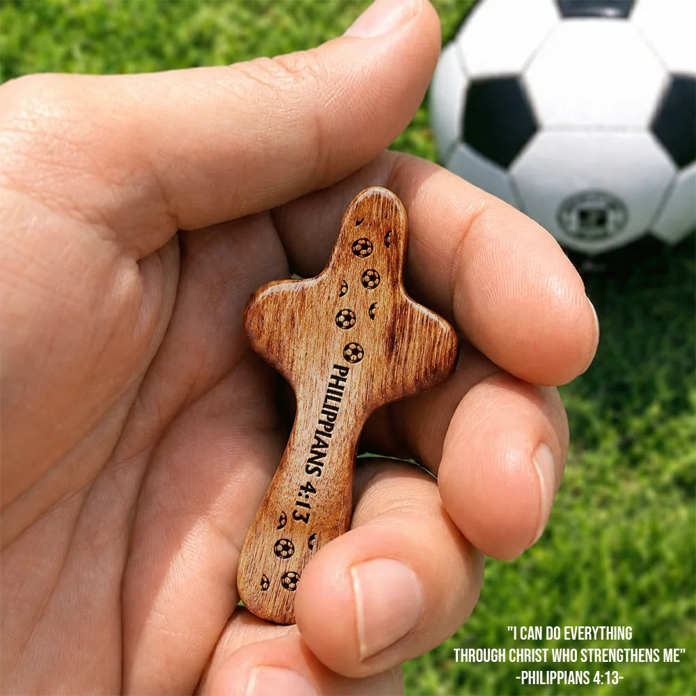 Gift For Father, Football (Soccer), Devoted, Custom Text - Soccer Keepsake With Name - Personalized Wooden Pocket Prayer Cross