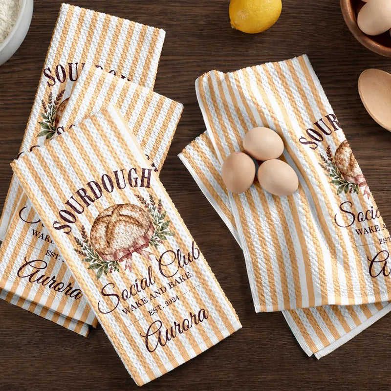 New House,Baking,Gift For Yourself,Gift For Women,Custom Text,Happy - Sourdough Social Club Wake And Bake - Personalized Kitchen Towel