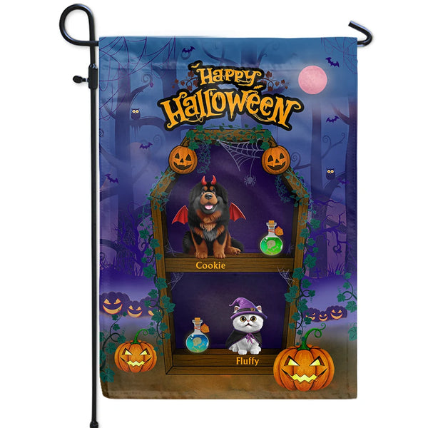 Halloween,Pet Lovers,Funny - Spooky Cute Pets In Coffin Shelves - Personalized Flag