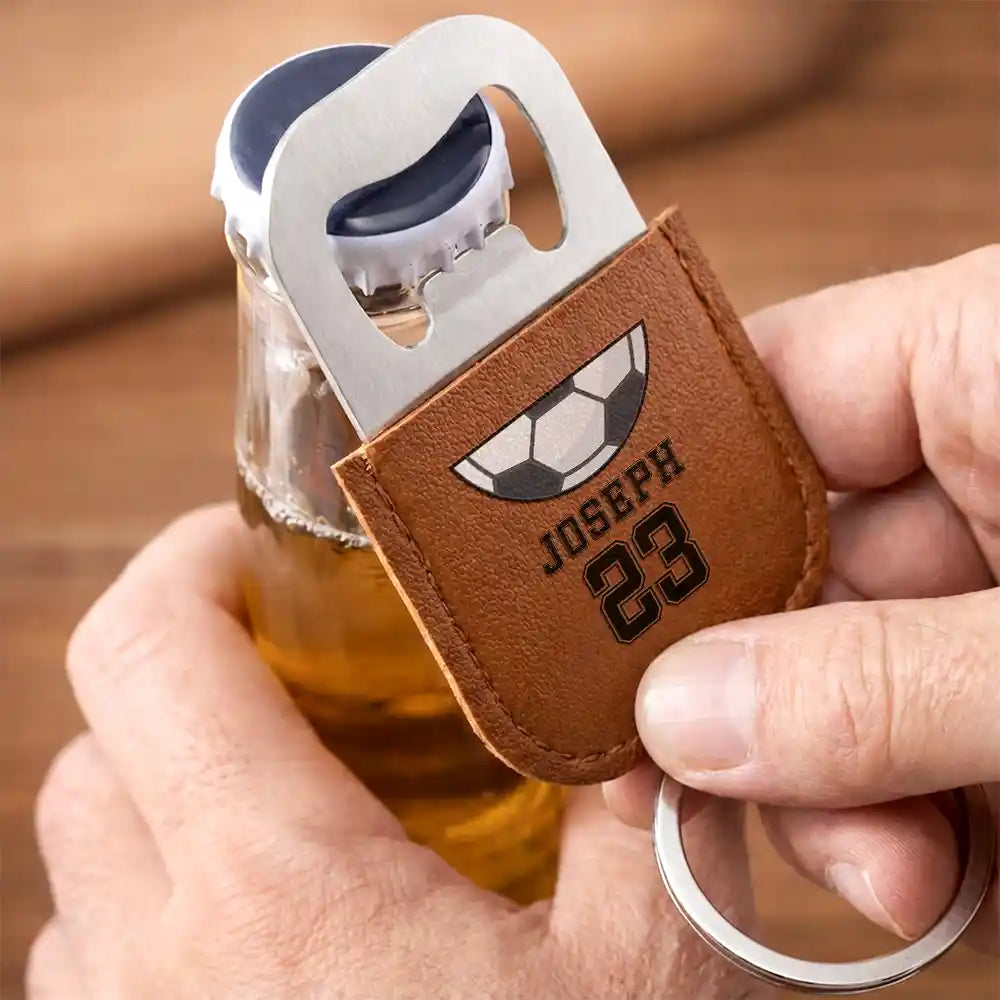 Gift For Father,Gift For Grandpa,Gift For Men,Happy,Sport Dad,Baseball,Basketball,Football (Soccer) - Sport Dad Baseball Basketball - Personalized Leather Bottle Opener Keychain