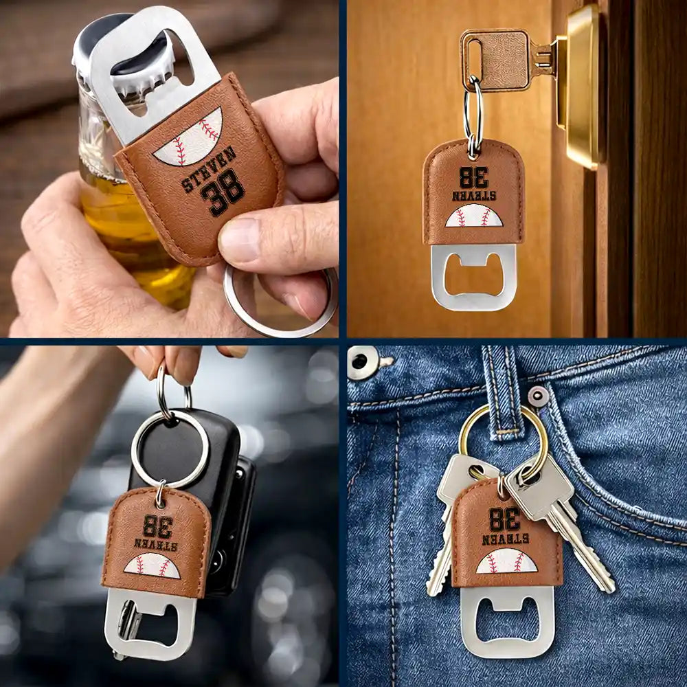 Gift For Father,Gift For Grandpa,Gift For Men,Happy,Sport Dad,Baseball,Basketball,Football (Soccer) - Sport Dad Baseball Basketball - Personalized Leather Bottle Opener Keychain