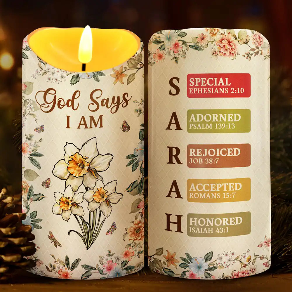 Gift For Yourself, Gift For Women, Christmas, Christian, Happy, Top Market - Stained Glass Birth Flower Mosaic Art God Says I Am - Personalized Flameless LED Candle