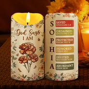 Gift For Yourself, Gift For Women, Christmas, Christian, Happy, Top Market - Stained Glass Birth Flower Mosaic Art God Says I Am - Personalized Flameless LED Candle
