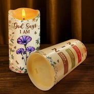 Gift For Yourself, Gift For Women, Christmas, Christian, Happy, Top Market - Stained Glass Birth Flower Mosaic Art God Says I Am - Personalized Flameless LED Candle