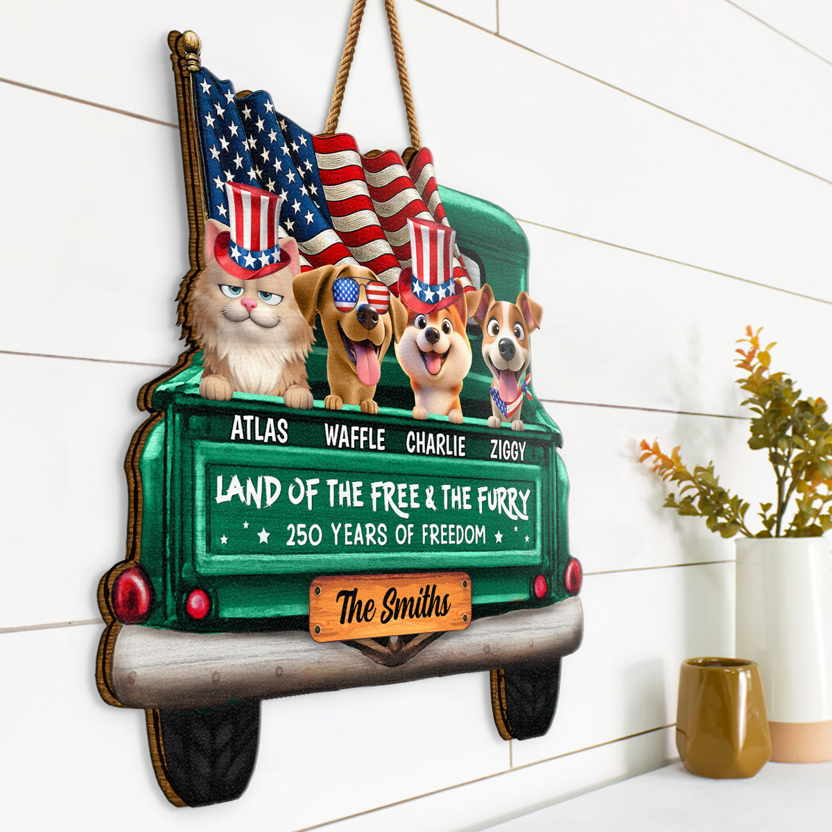 Pet Lovers,Pet Mom,Pet Dad,Dog Lovers,Dog Mom,Dog Dad - Star & Stripes Red White Woof 250 Years Of Freedom - Personalized Custom Shaped Wood Sign