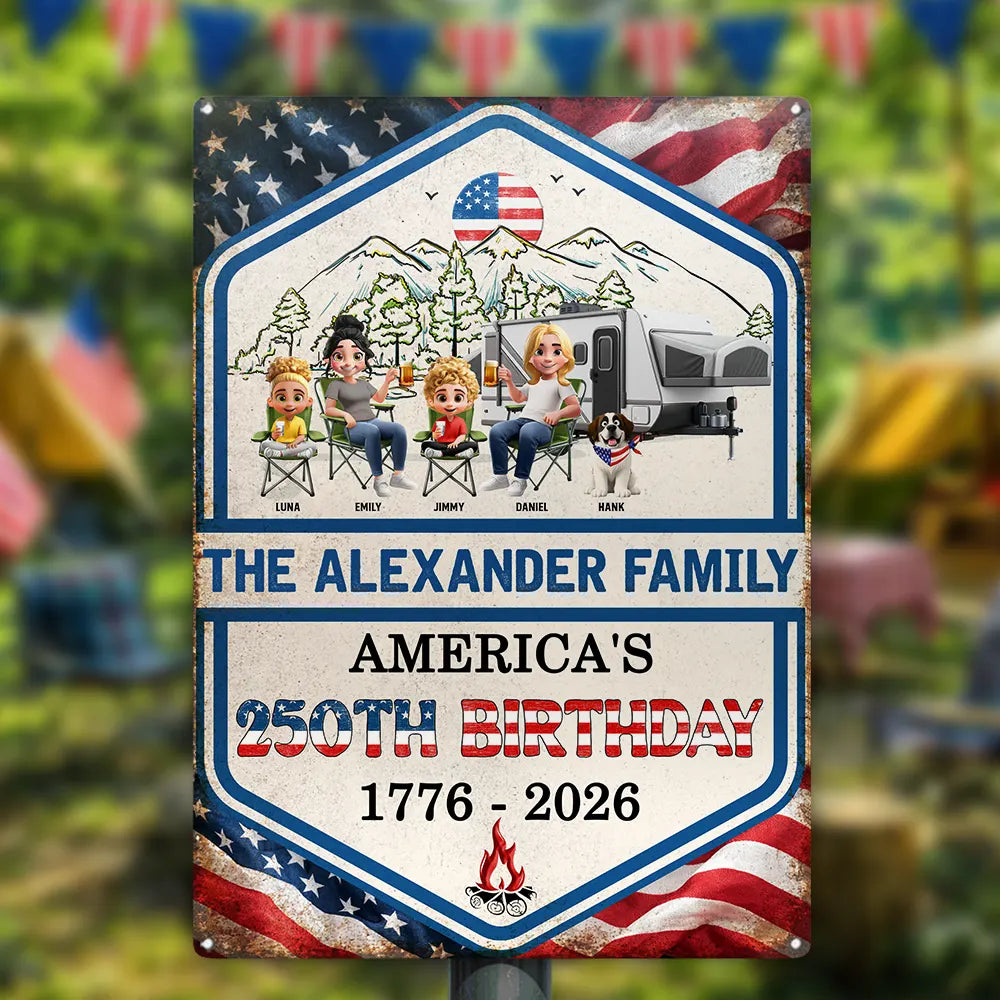 Independence Day, America 250th, Family, Camping, Happy - Stars And Stripes American 250th Birthday Family Camping - Personalized Classic Metal Signs