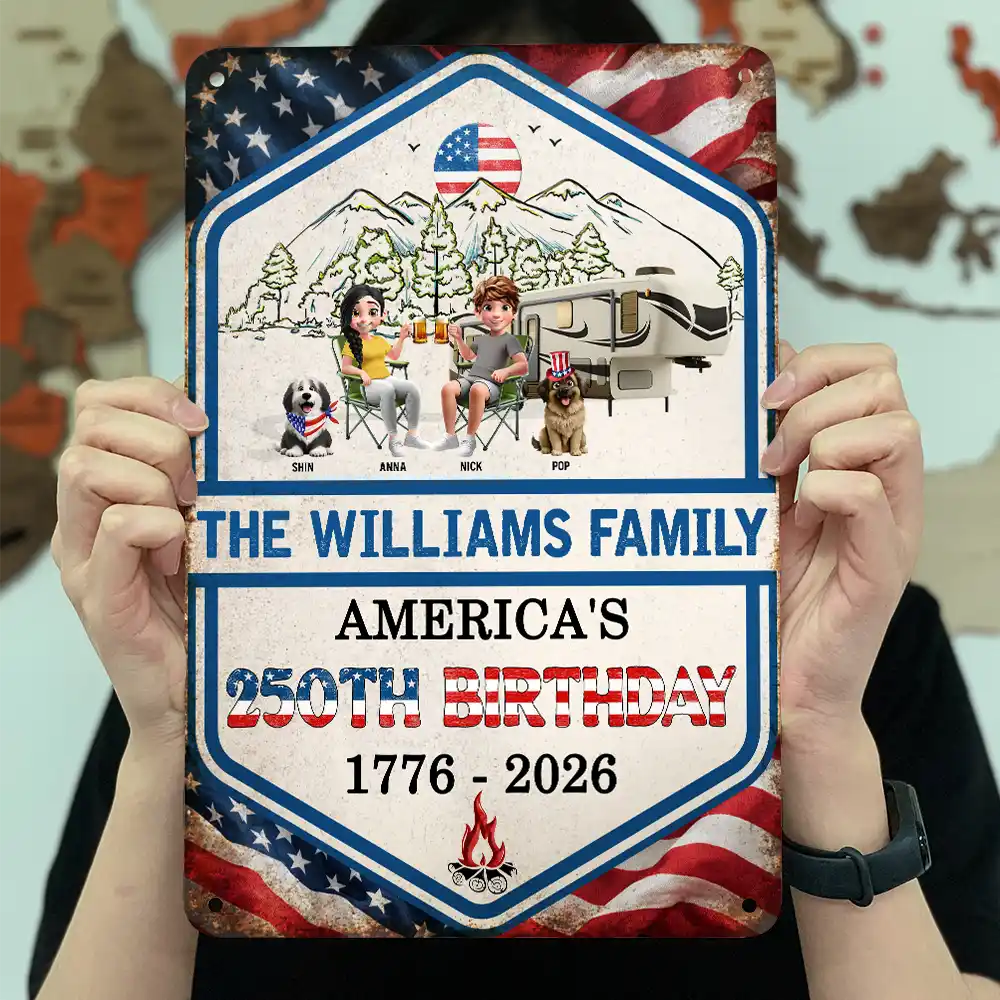 Independence Day, America 250th, Family, Camping, Happy - Stars And Stripes American 250th Birthday Family Camping - Personalized Classic Metal Signs