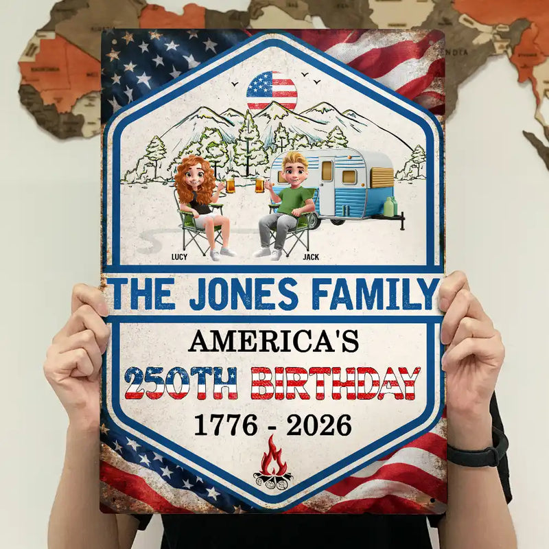 Independence Day, America 250th, Family, Camping, Happy - Stars And Stripes American 250th Birthday Family Camping - Personalized Classic Metal Signs