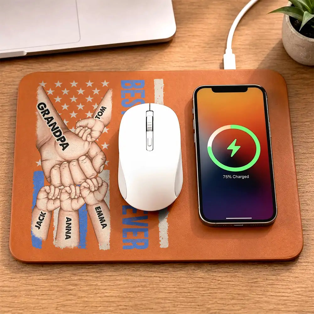 Gift For Father,Gift For Grandpa,Independence Day,Icon,Confident - Stars And Stripes Best Dad Grandpa Ever - Personalized Leather Charging Mat