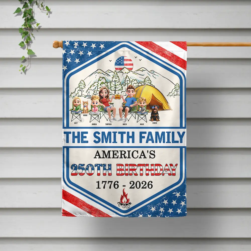 Independence Day, America 250th, amily, Camping, Happy - Stars And Stripes Camping Family 250th Anniversary - Personalized Flag
