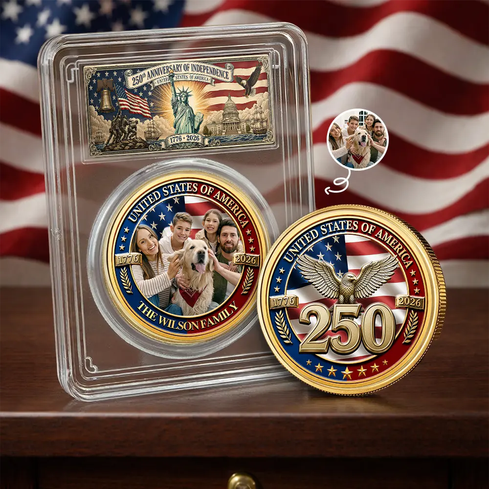 America 250th,Custom Photo,Independence Day,Gift For Yourself,Proud,Remove BG Photo - Custom Photo Stars And Stripes USA 250th Anniversary Family - Personalized Commemorative Keepsake Coin