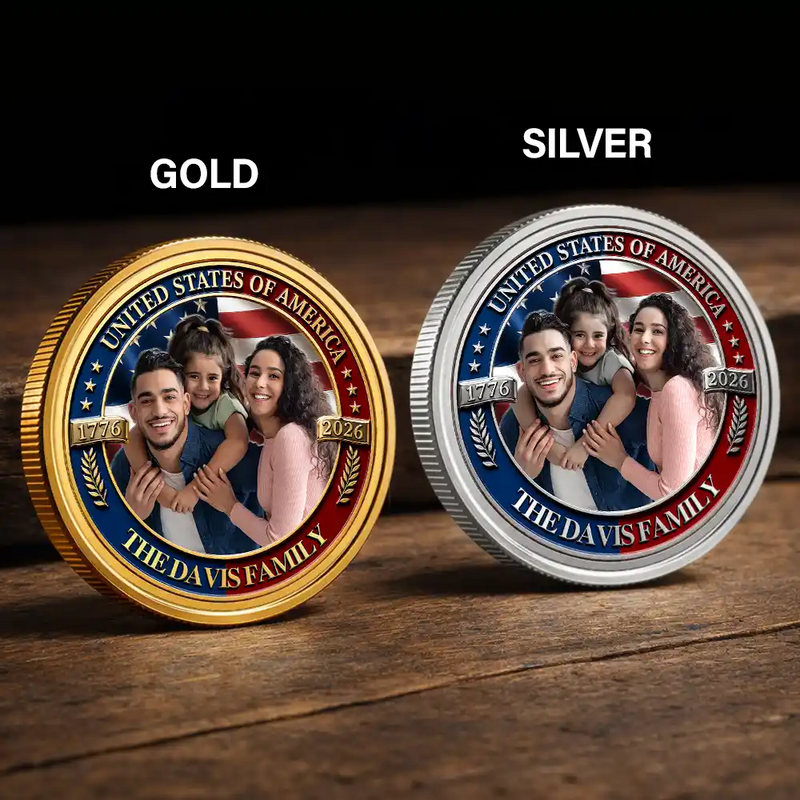 America 250th,Custom Photo,Independence Day,Gift For Yourself,Proud,Remove BG Photo - Custom Photo Stars And Stripes USA 250th Anniversary Family - Personalized Commemorative Keepsake Coin