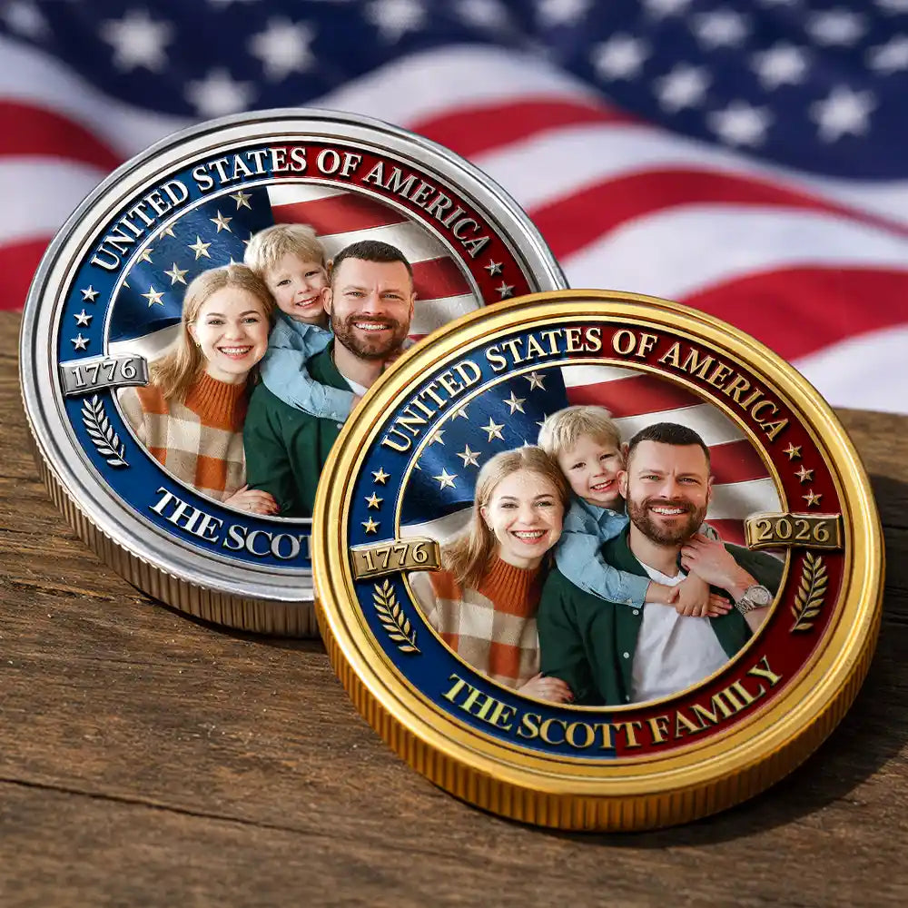 America 250th,Custom Photo,Independence Day,Gift For Yourself,Proud,Remove BG Photo - Custom Photo Stars And Stripes USA 250th Anniversary Family - Personalized Commemorative Keepsake Coin