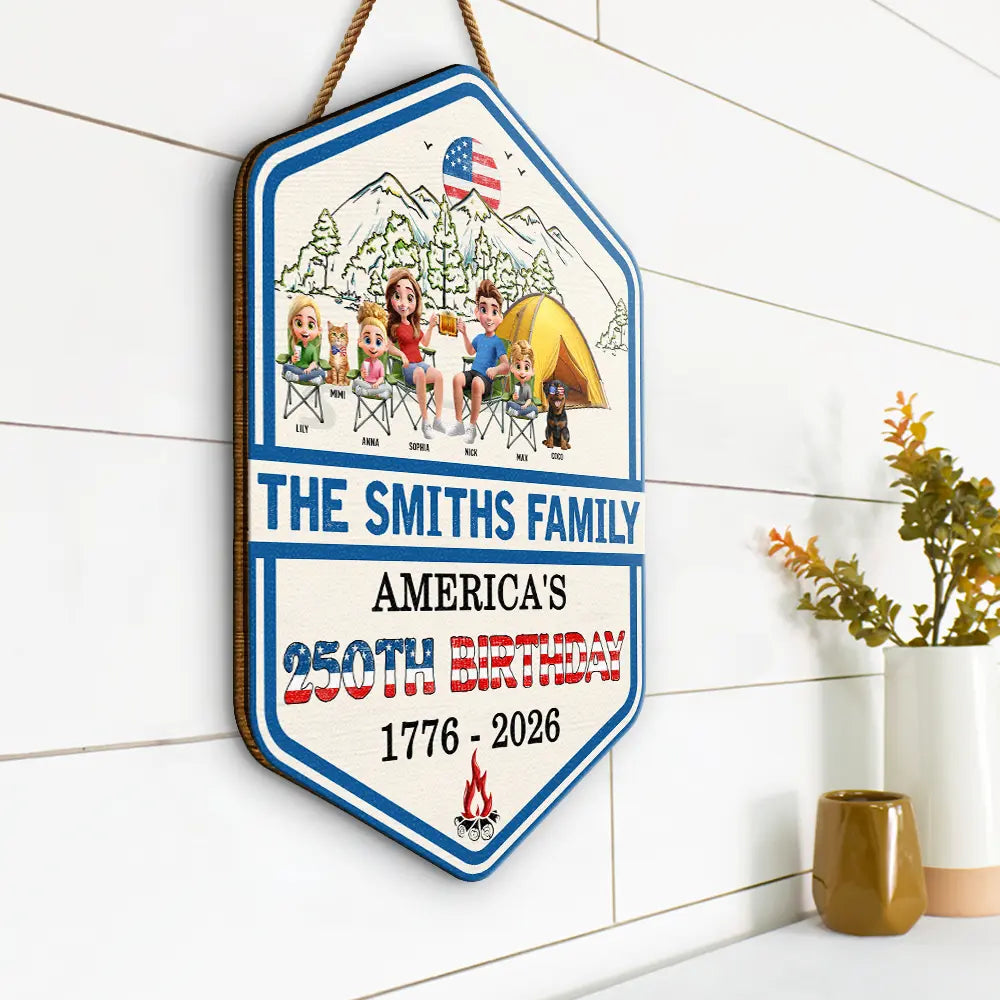 Independence Day, America 250th, Family, Camping, Happy - Stars And Stripes Family Camping On The Fourth Of July - Personalized Custom Shaped Wood Sign