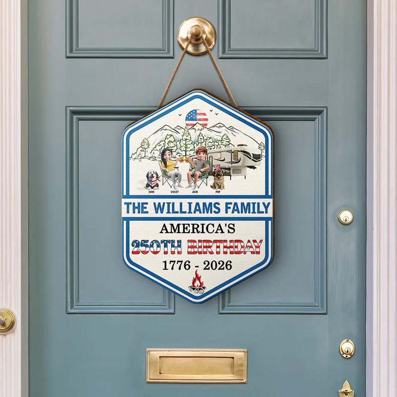 Independence Day, America 250th, Family, Camping, Happy - Stars And Stripes Family Camping On The Fourth Of July - Personalized Custom Shaped Wood Sign