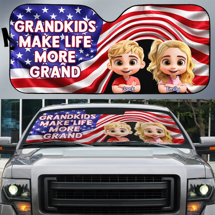 Stars And Stripes Grandkids Make Life More Grand - Personalized Auto Sunshade