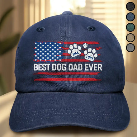 Stars And Stripes Paw Dog Cat Dad - Personalized Vintage Washed Denim Cap