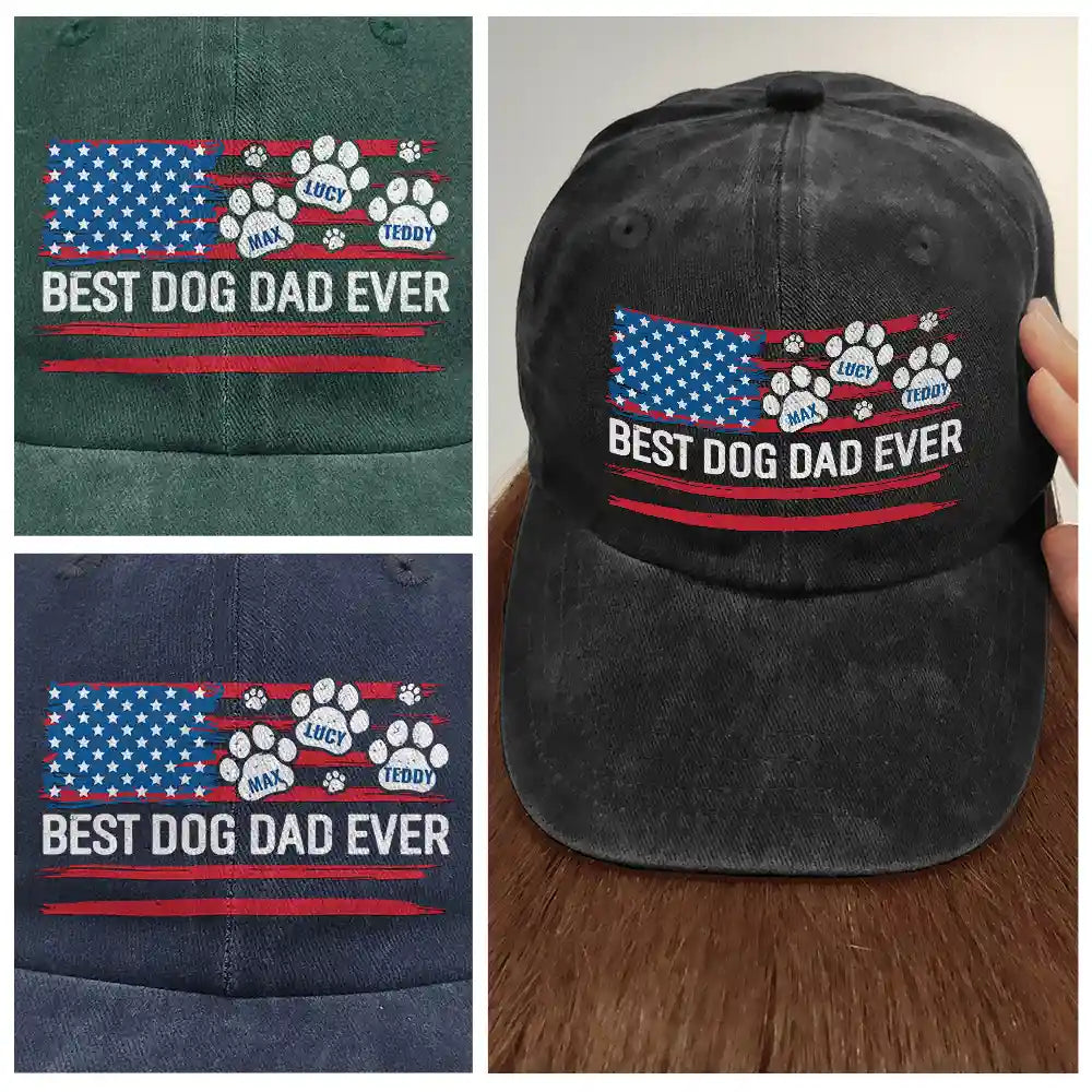 Dog Dad, Cat Dad, Pet Dad, Pet Lovers, Happy - Stars And Stripes Paw Dog Cat Dad - Personalized Vintage Washed Denim Cap