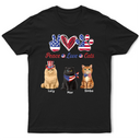 Happy,Cat Mom,Cat Dad,Cat Lovers,Cat Couple,Independence Day,Pet Lovers,Pet Mom,Dog Lovers,Dog Mom,Dog Dad,Dog Couple - Stars And Stripes Peace Love Cats - Personalized T Shirt