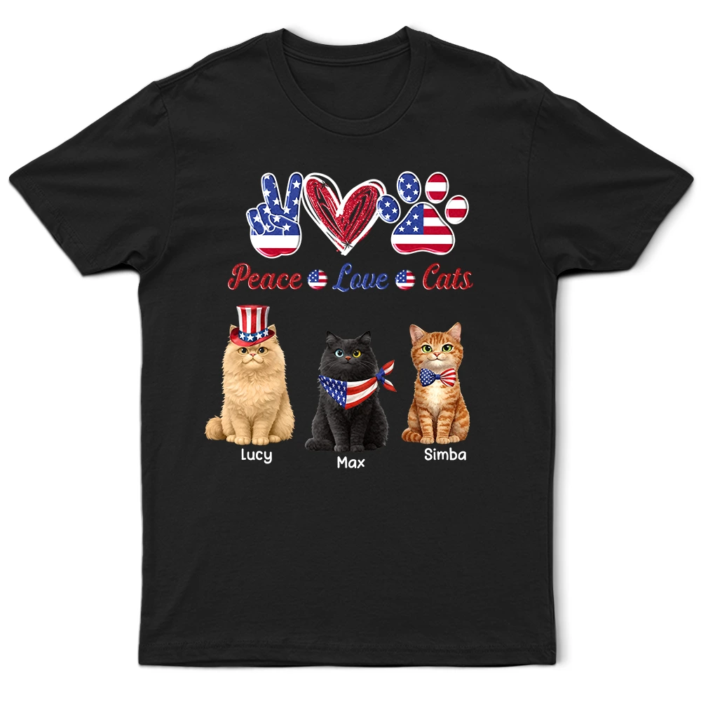 Happy,Cat Mom,Cat Dad,Cat Lovers,Cat Couple,Independence Day,Pet Lovers,Pet Mom,Dog Lovers,Dog Mom,Dog Dad,Dog Couple - Stars And Stripes Peace Love Cats - Personalized T Shirt