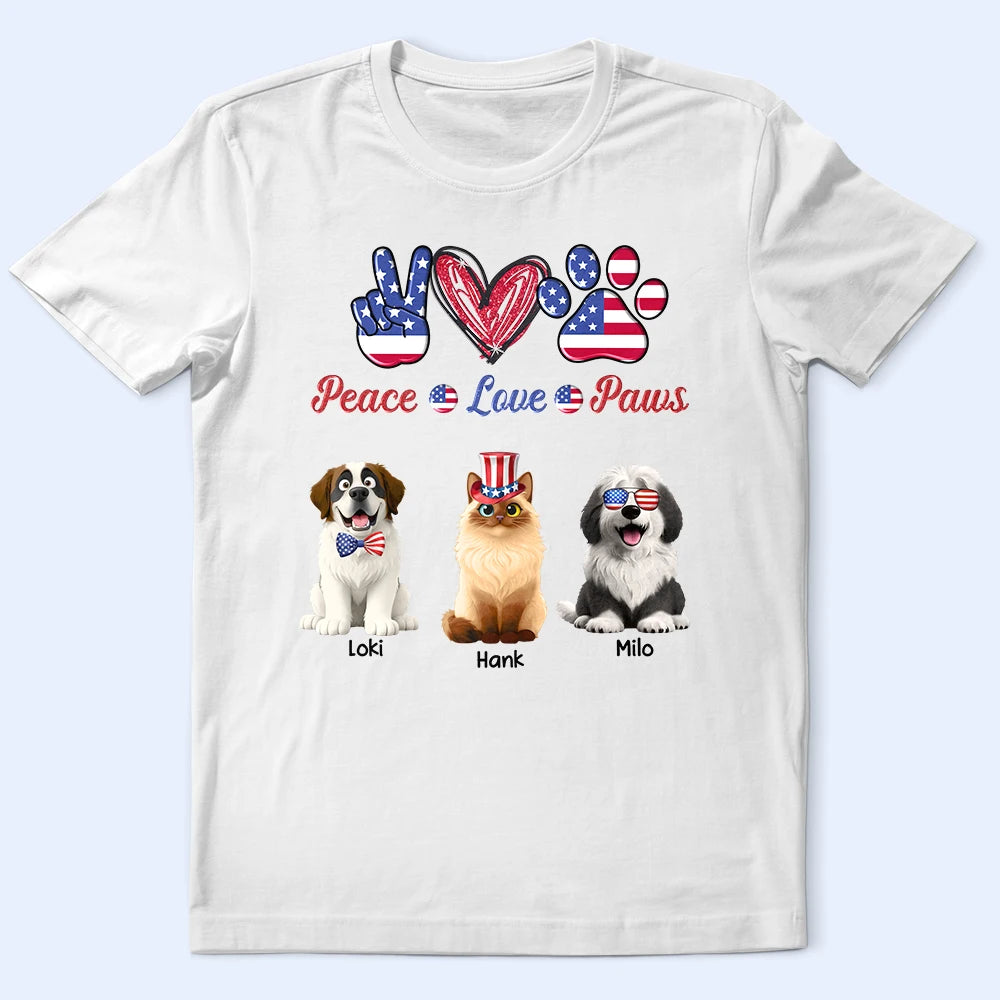 Happy,Cat Mom,Cat Dad,Cat Lovers,Cat Couple,Independence Day,Pet Lovers,Pet Mom,Dog Lovers,Dog Mom,Dog Dad,Dog Couple - Stars And Stripes Peace Love Cats - Personalized T Shirt