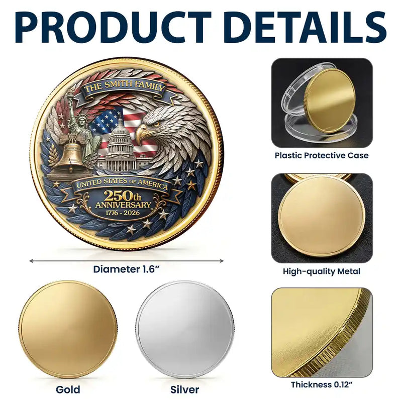 America 250th,Independence Day,Gift For Yourself,Proud,Custom Text - Stars And Stripes USA Eagle 250th - Personalized Commemorative Keepsake Coin