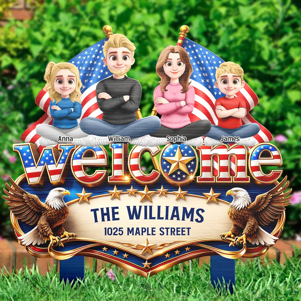 Gardening,America 250th,Independence Day,Family,Gift For Yourself,Happy,Gift For Mother,Gift For Father,Vector - Stars And Stripes Welcome To Our Home - Personalized Metal Garden Stake

