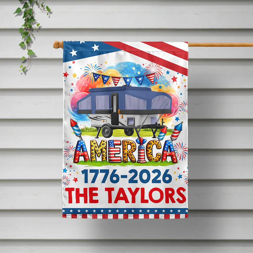 Camping, Campsite, Happy, Independence Day - Stars & Stripes America 250th Camper - Personalized Flag