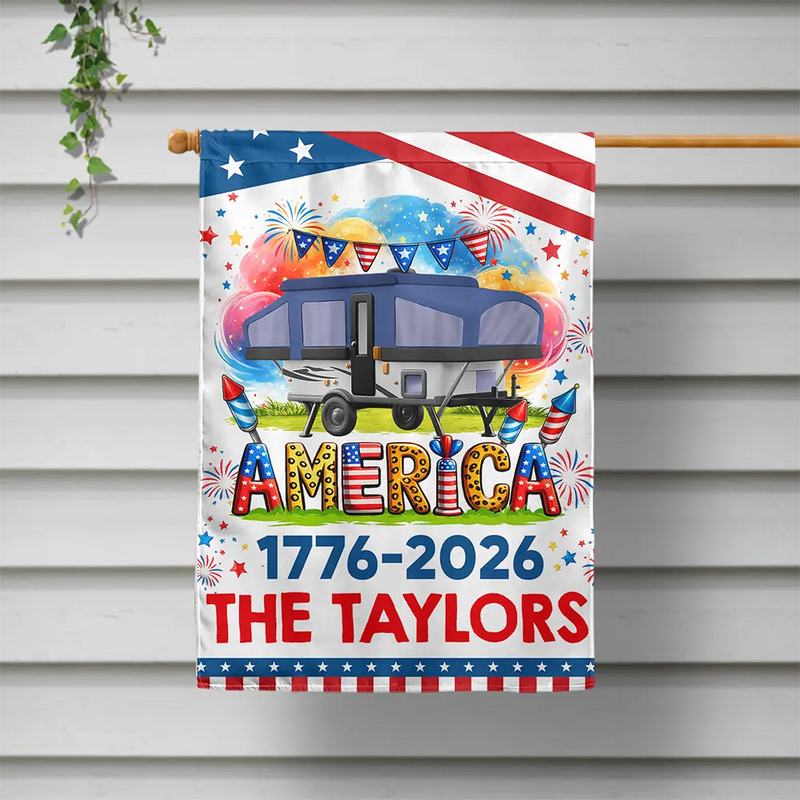 Camping, Campsite, Happy, Independence Day - Stars & Stripes America 250th Camper - Personalized Flag