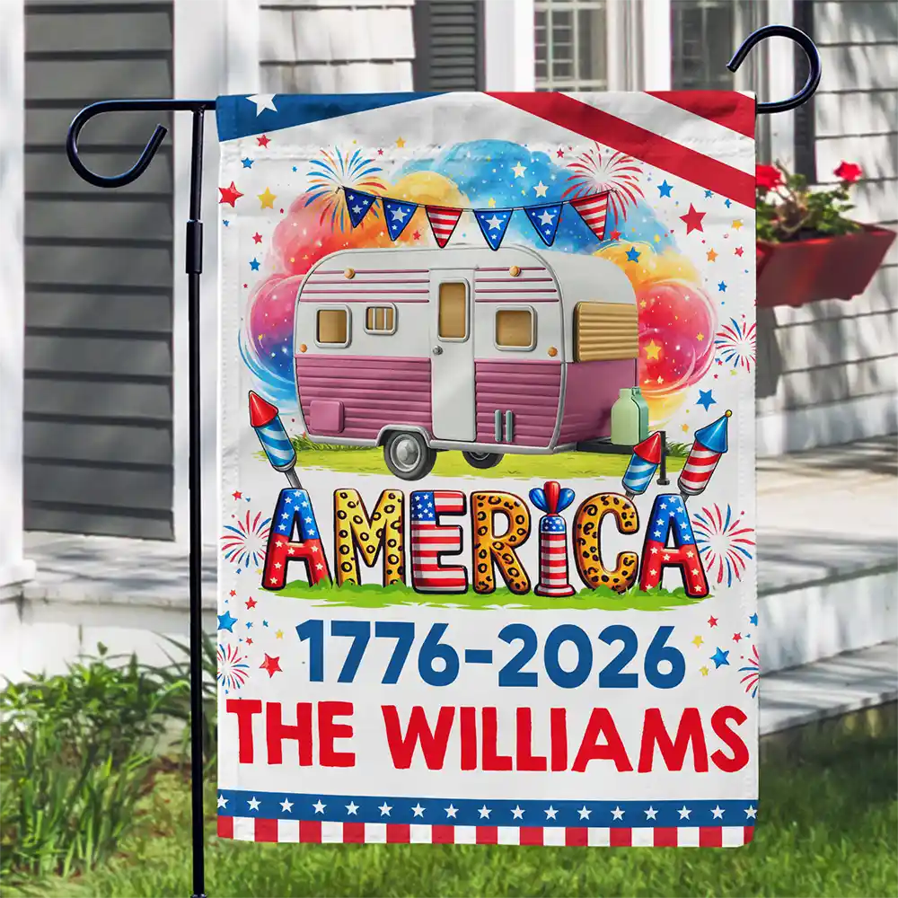 Camping, Campsite, Happy, Independence Day - Stars & Stripes America 250th Camper - Personalized Flag