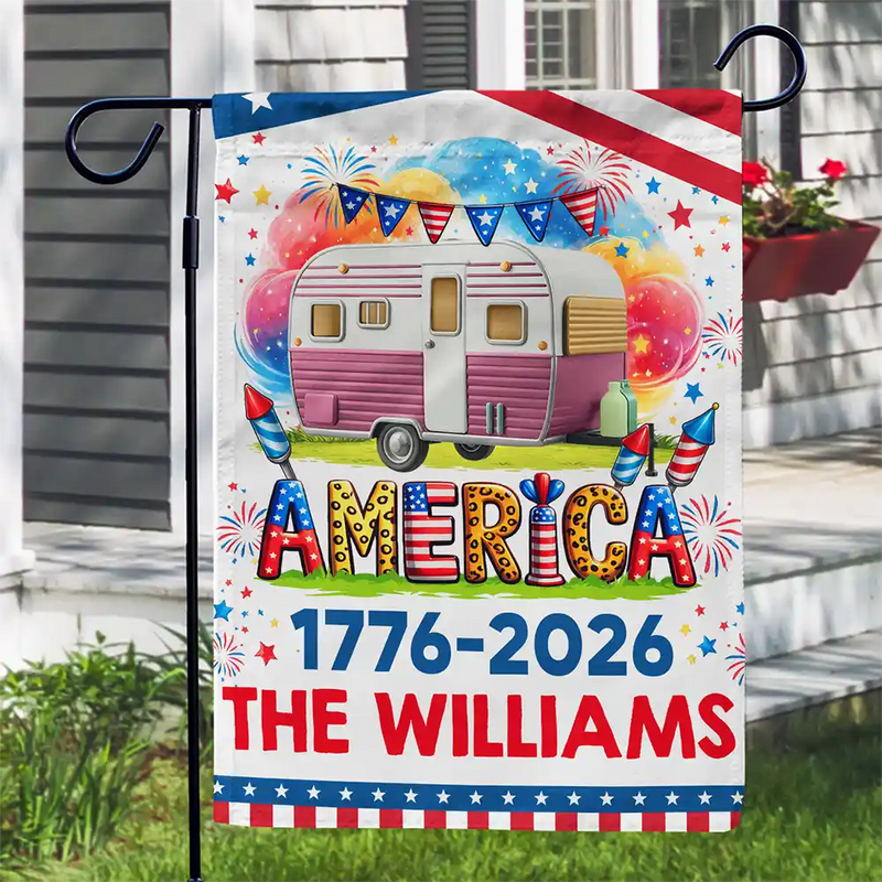 Camping, Campsite, Happy, Independence Day - Stars & Stripes America 250th Camper - Personalized Flag