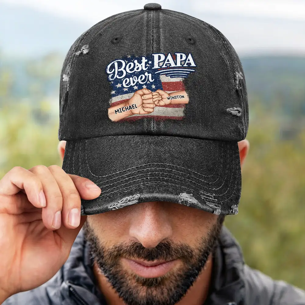 Happy,Gift For Father,Gift For Grandpa,Gift For Men,Independence Day,America 250th,Icon,Adorable - Stars & Stripes Best Dad Grandpa Ever Fist Bump - Personalized Distressed Cap