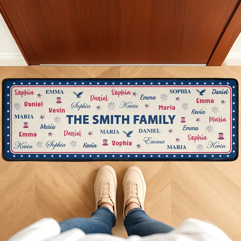 Sentimental,America 250th,Christmas,Family,Custom Text - Stars & Stripes Family Name Christmas - Personalized Runner Rug