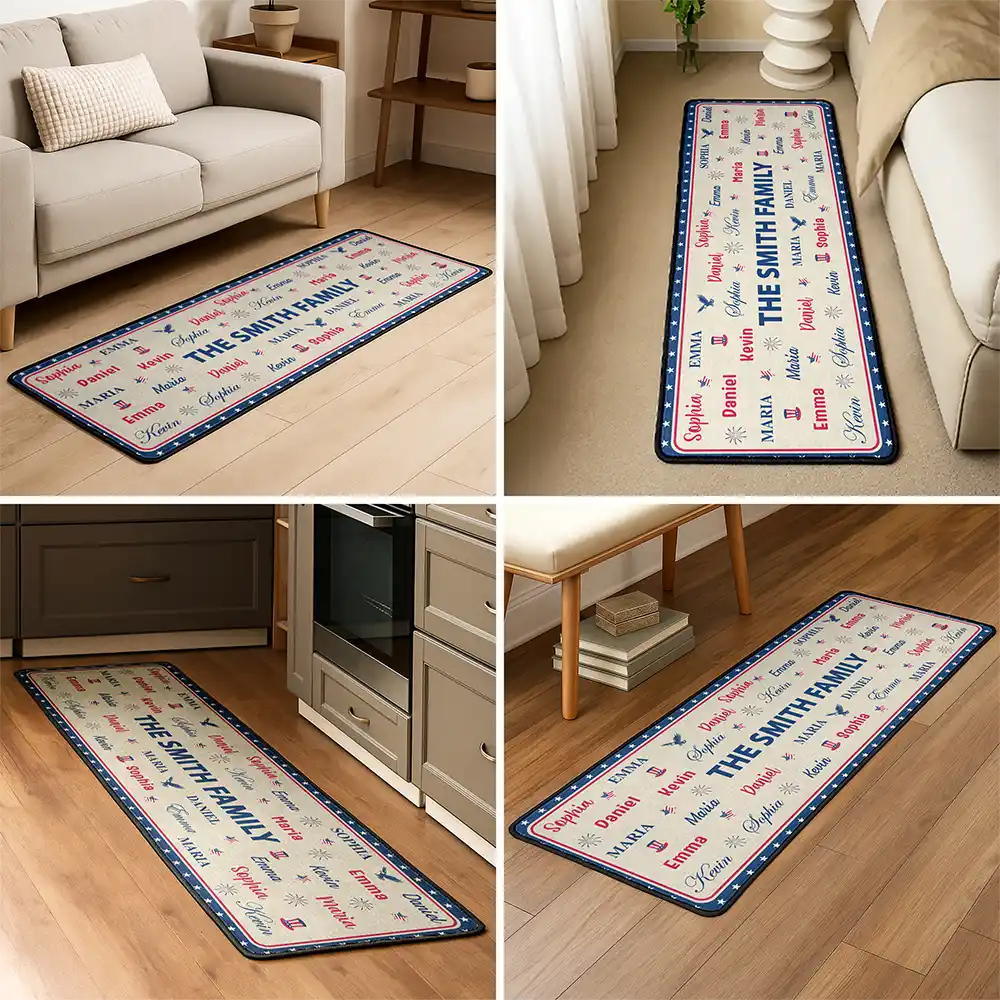 Sentimental,America 250th,Christmas,Family,Custom Text - Stars & Stripes Family Name Christmas - Personalized Runner Rug