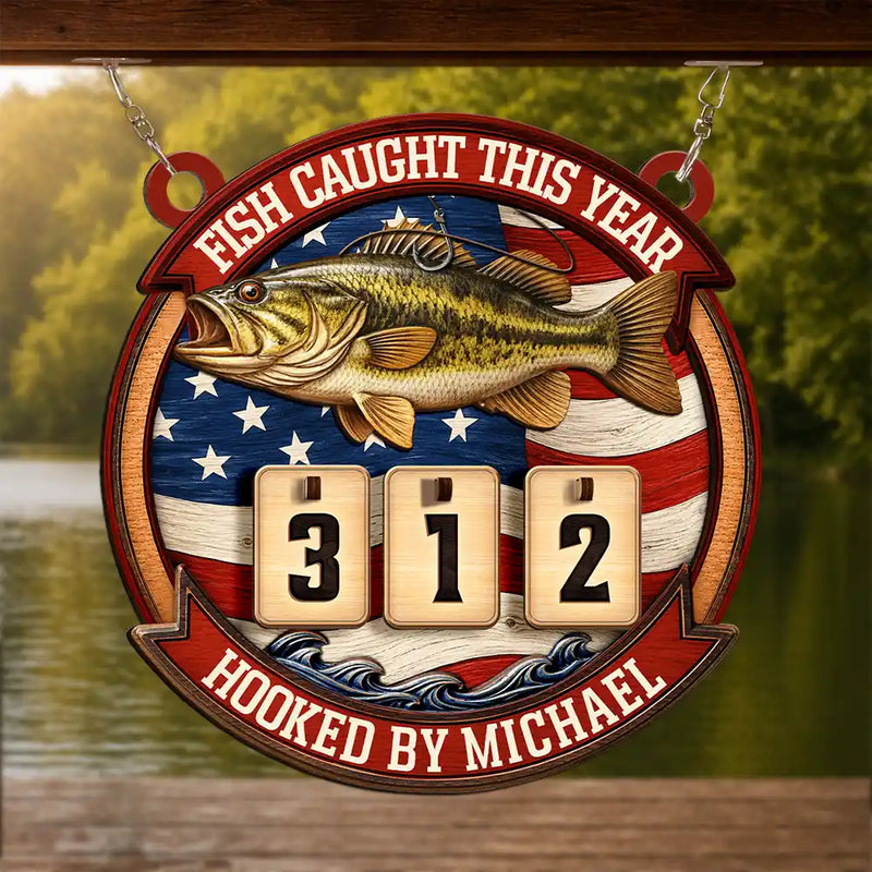 Independence Day,Fishing,Summer,Gift For Men,Gift For Yourself,Proud,Icon - Stars & Stripes Fish Caught This Year - Personalized Hanging Tracker Sign