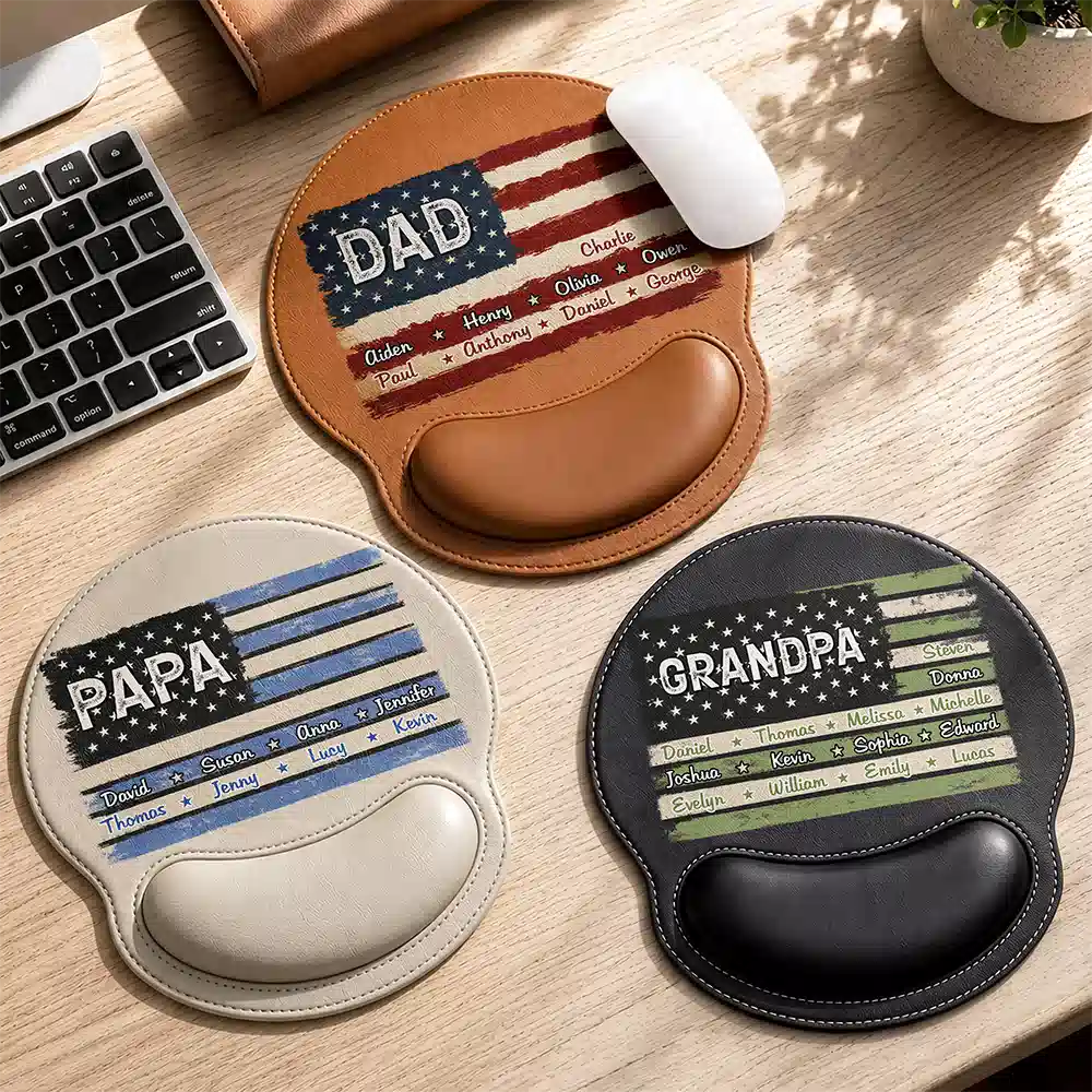 Gift For Father,Independence Day,Proud,Custom Text - Stars & Stripes US Flag American Dad Grandpa - Personalized Leather Mouse Pad