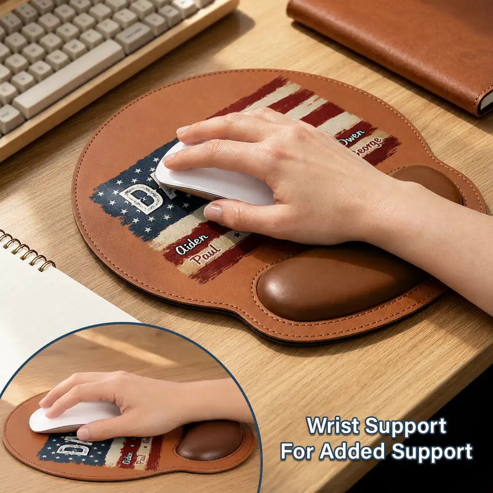 Gift For Father,Independence Day,Proud,Custom Text - Stars & Stripes US Flag American Dad Grandpa - Personalized Leather Mouse Pad