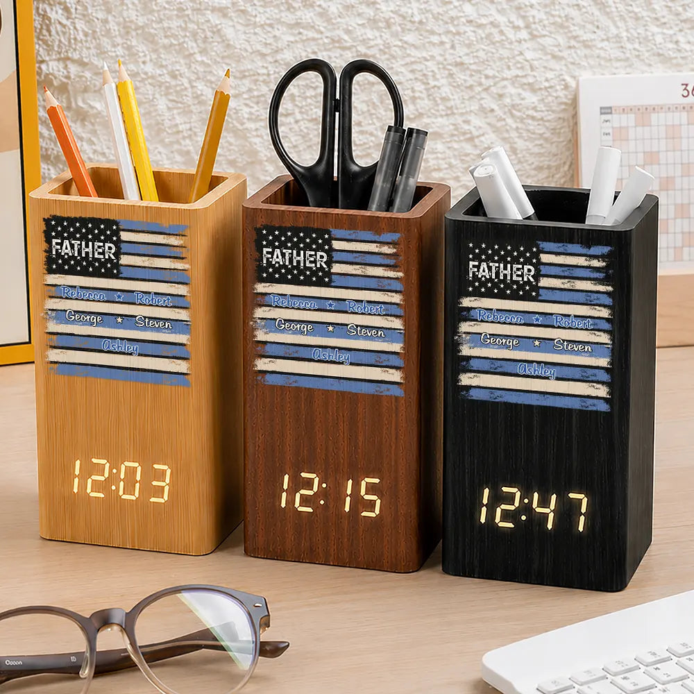Gift For Father,America 250th,Independence Day,Proud,Custom Text - Stars & Stripes US Flag American Dad Grandpa - Personalized Pen Holder With Clock