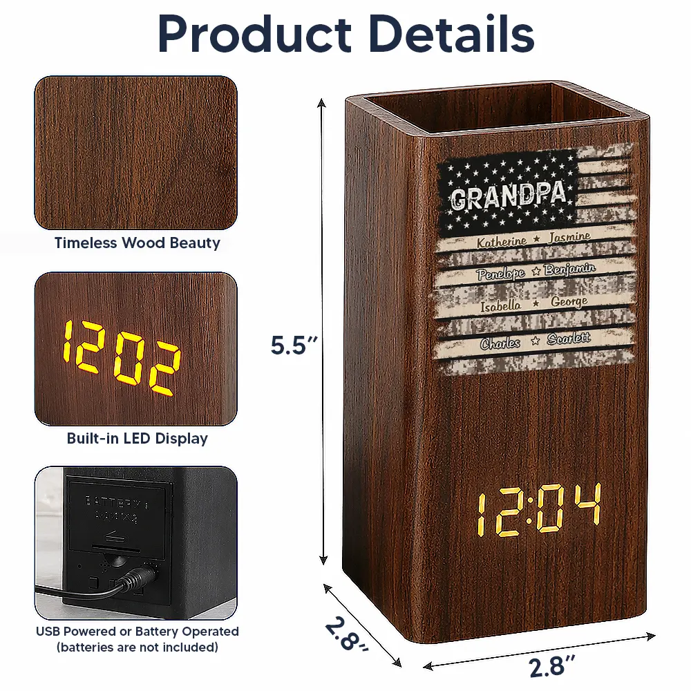 Gift For Father,America 250th,Independence Day,Proud,Custom Text - Stars & Stripes US Flag American Dad Grandpa - Personalized Pen Holder With Clock